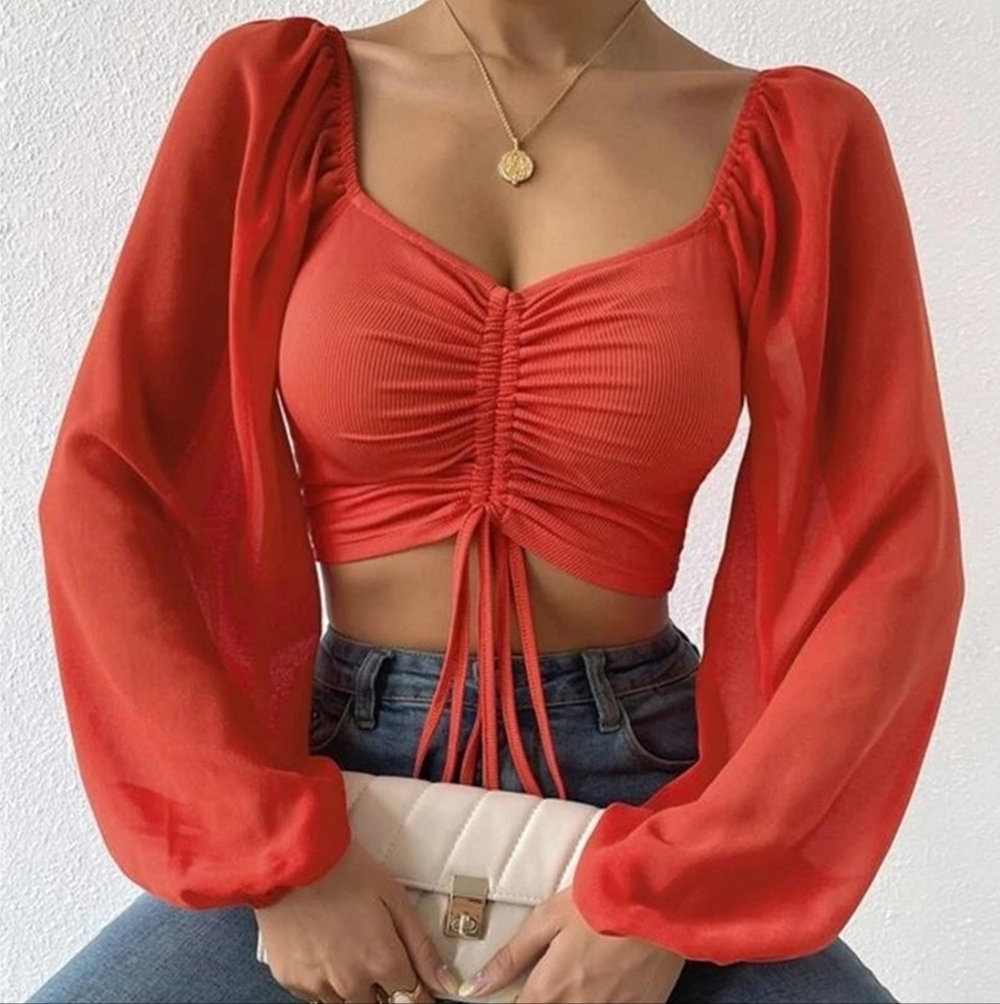 Sweet Talk Drawstring Crop Top - Red Orange